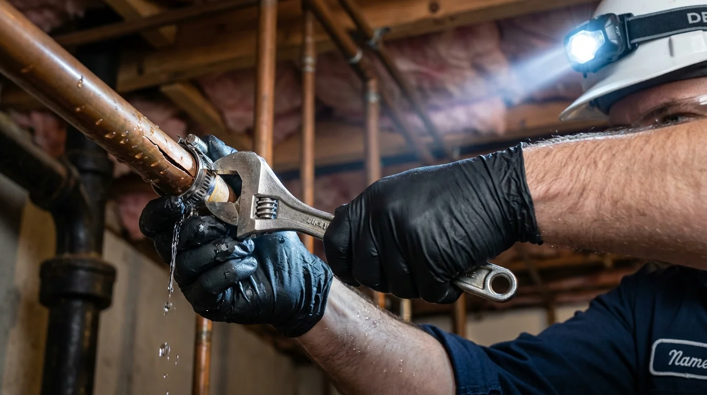 Emergency pipe clamp repair being performed by a Johns Plumbing LLC plumber in Clever
