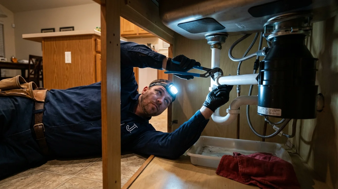 P-trap and supply line connections under a kitchen sink showing a common leak point in Clever, MO